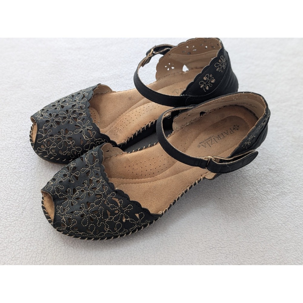 Patrizia Spring Step Gennina Sandal Wedge Ankle Strap Peep Toe Black Sz 39 8.5